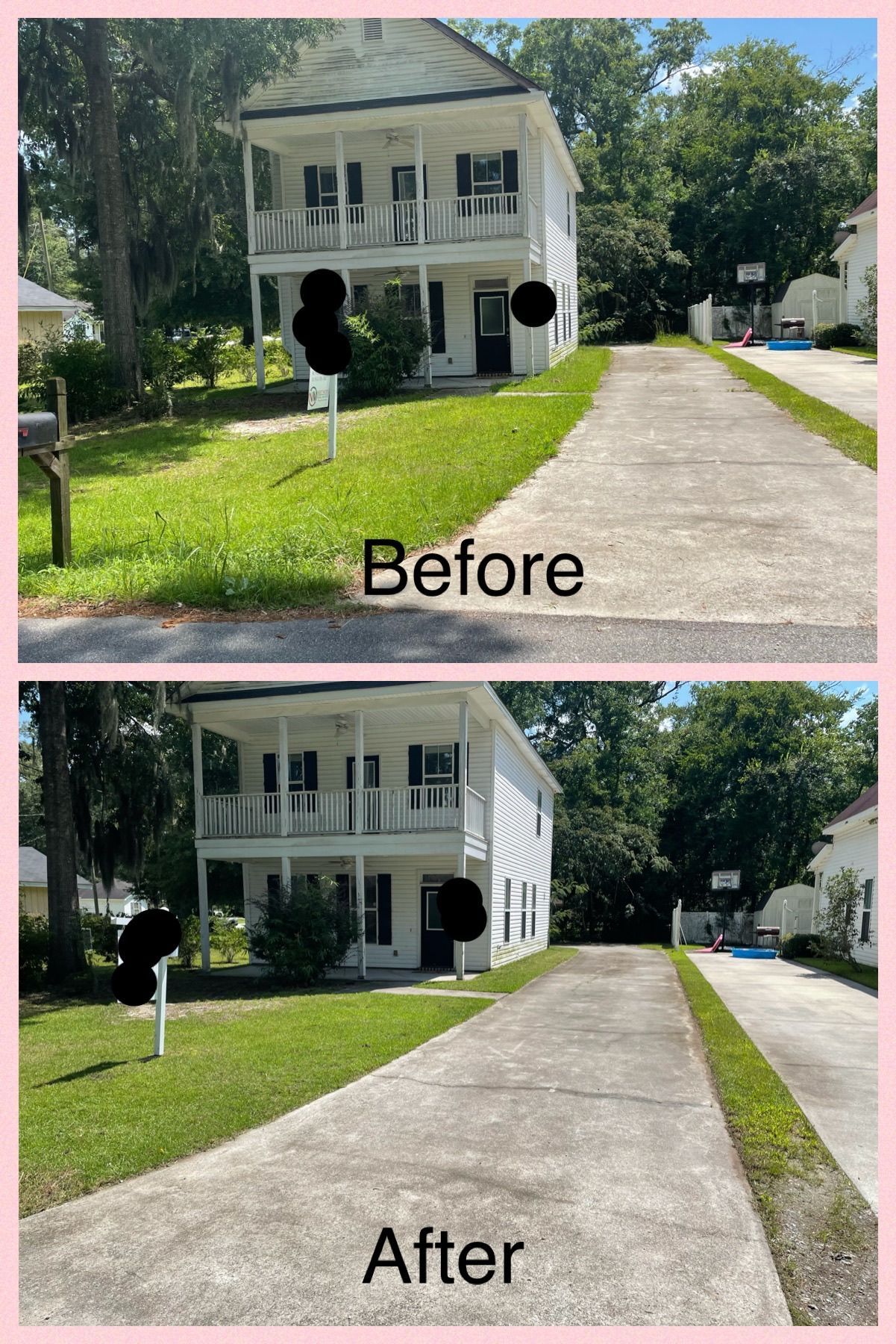 A before and after picture of a house and driveway.