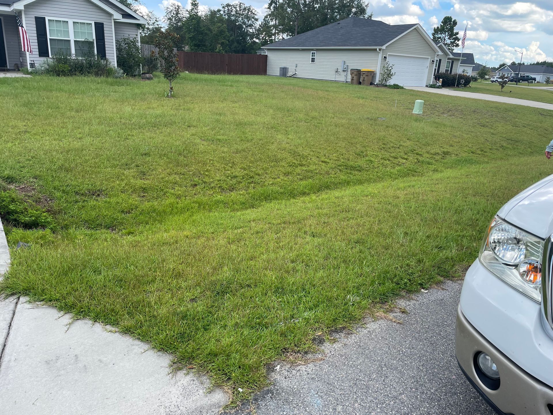 A white truck is parked in front of a lush green yard.