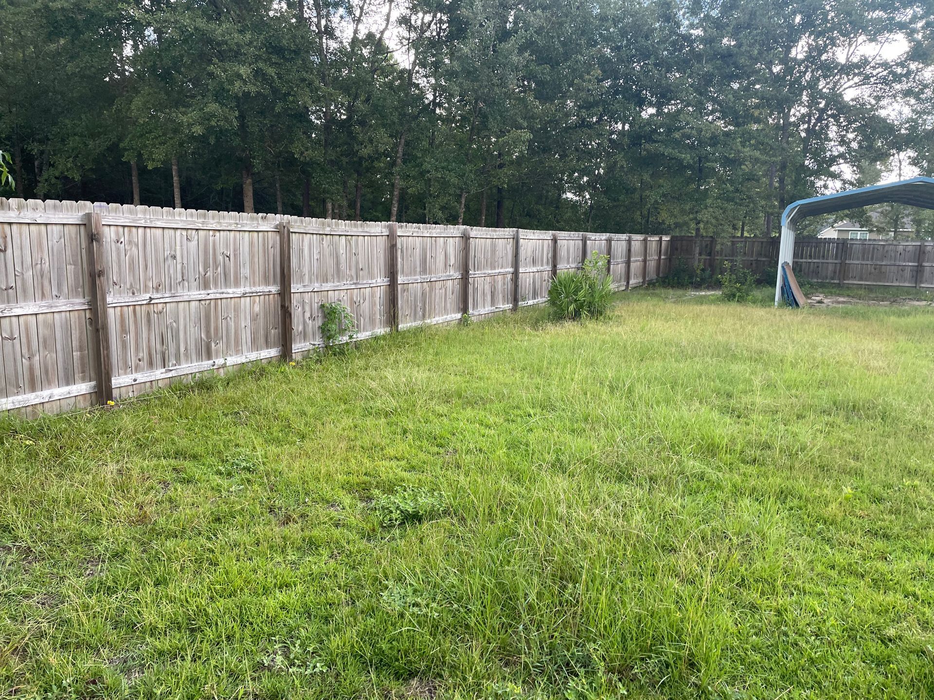 A wooden fence surrounds a lush green field.