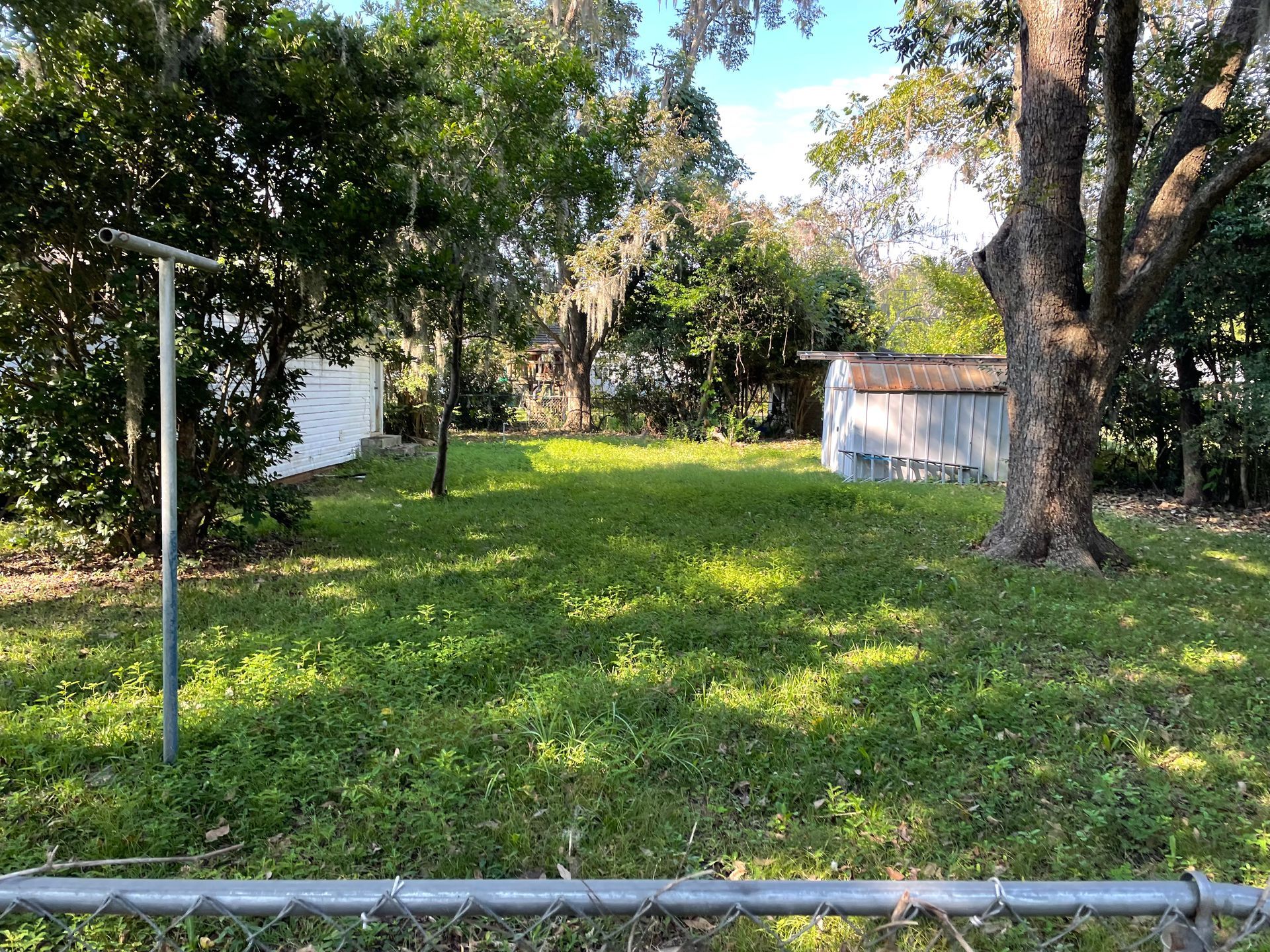 A fence surrounds a grassy yard with trees and a shed in the background.