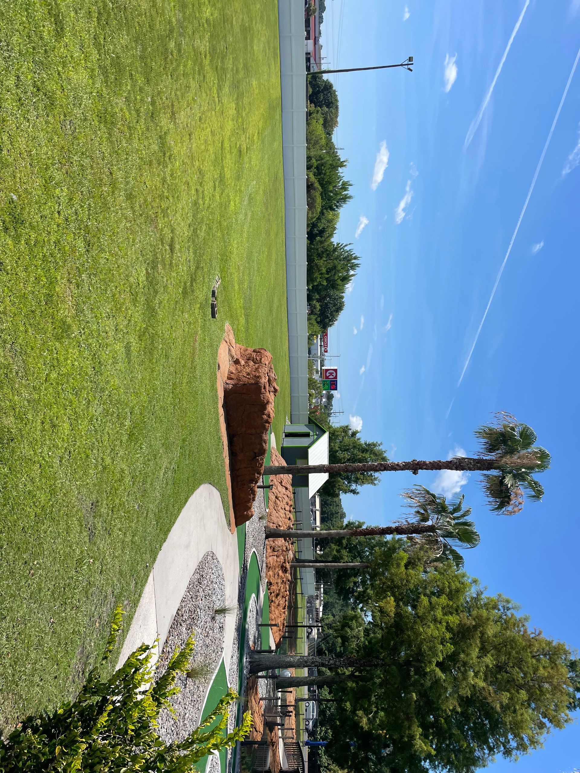 A picture of a golf course with palm trees in the background
