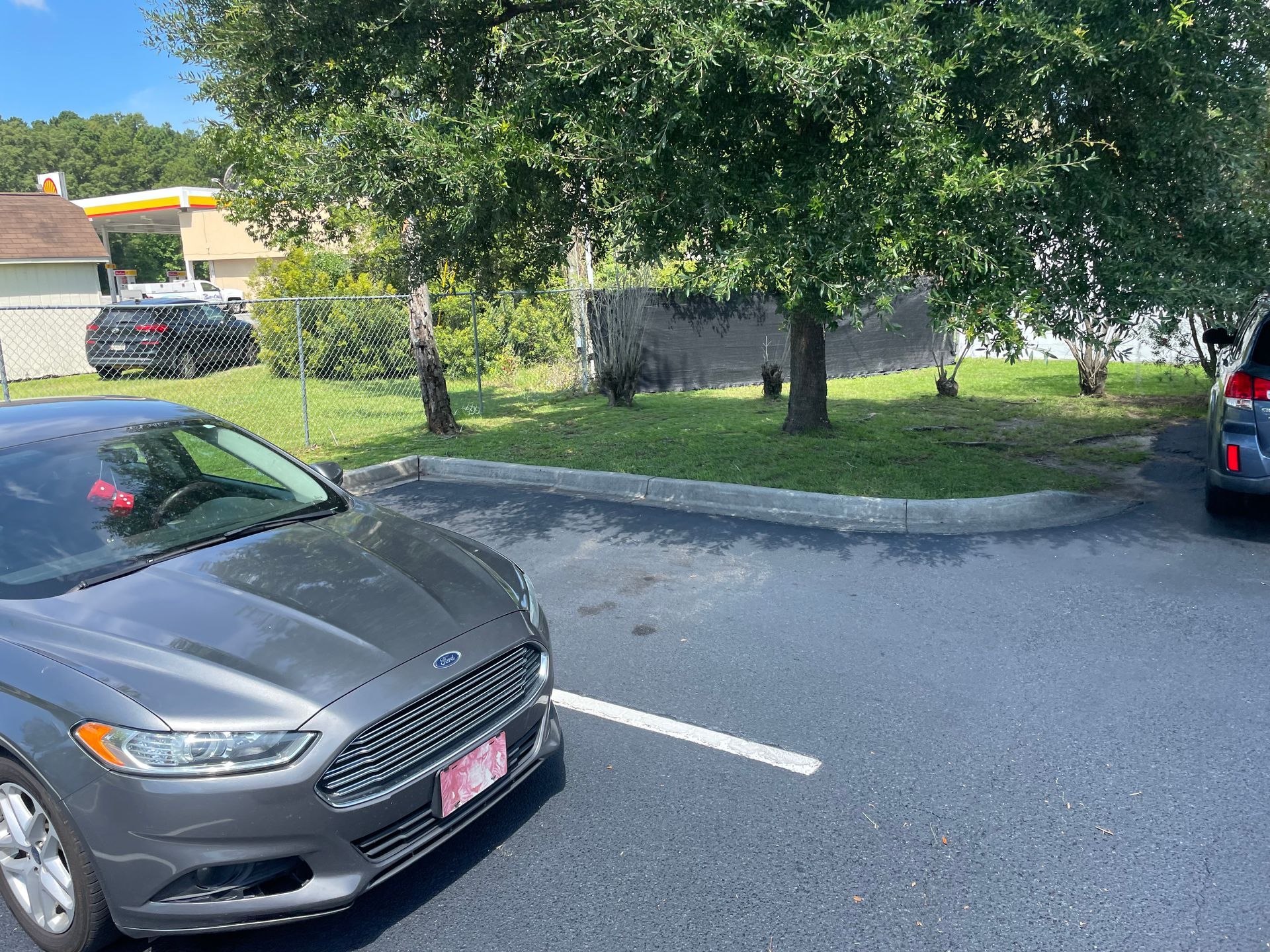 A gray car is parked in a parking lot next to a tree.