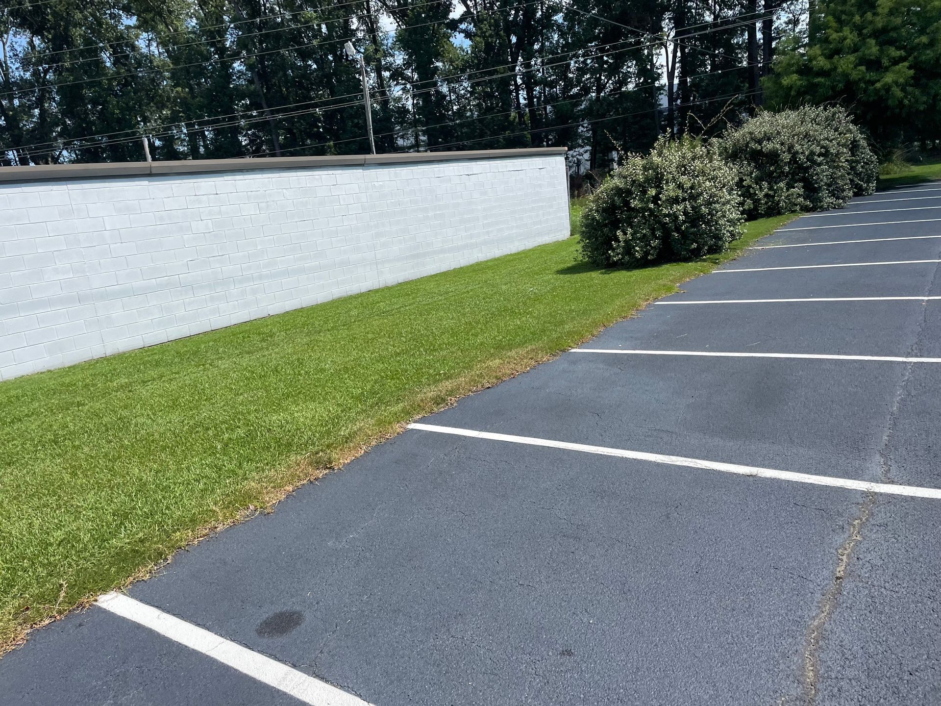 A parking lot with a white wall in the background