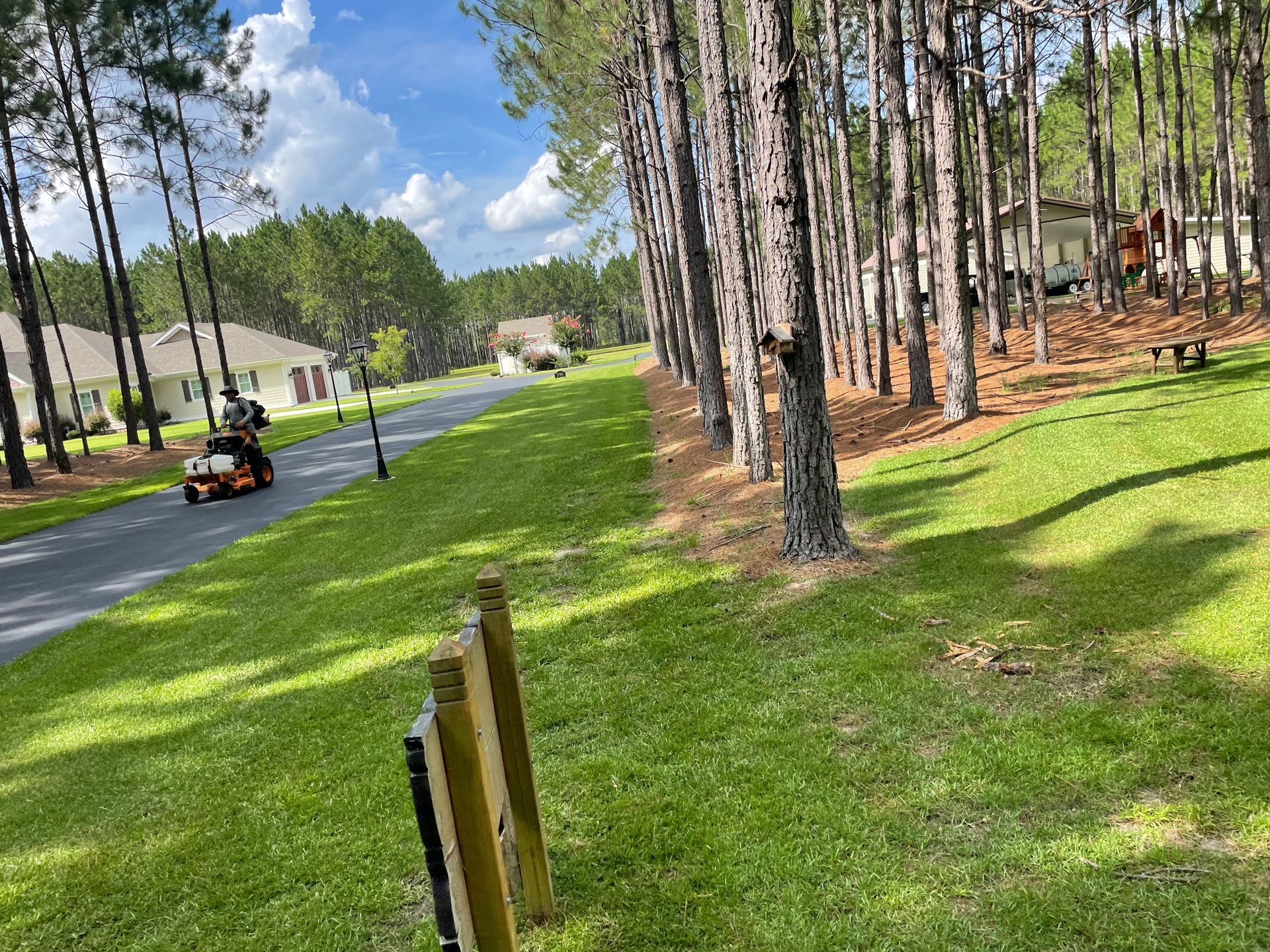 A lawn mower is cutting a lush green lawn next to a road.
