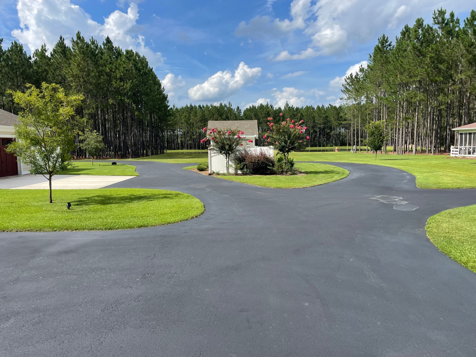 A driveway leading to a house surrounded by trees