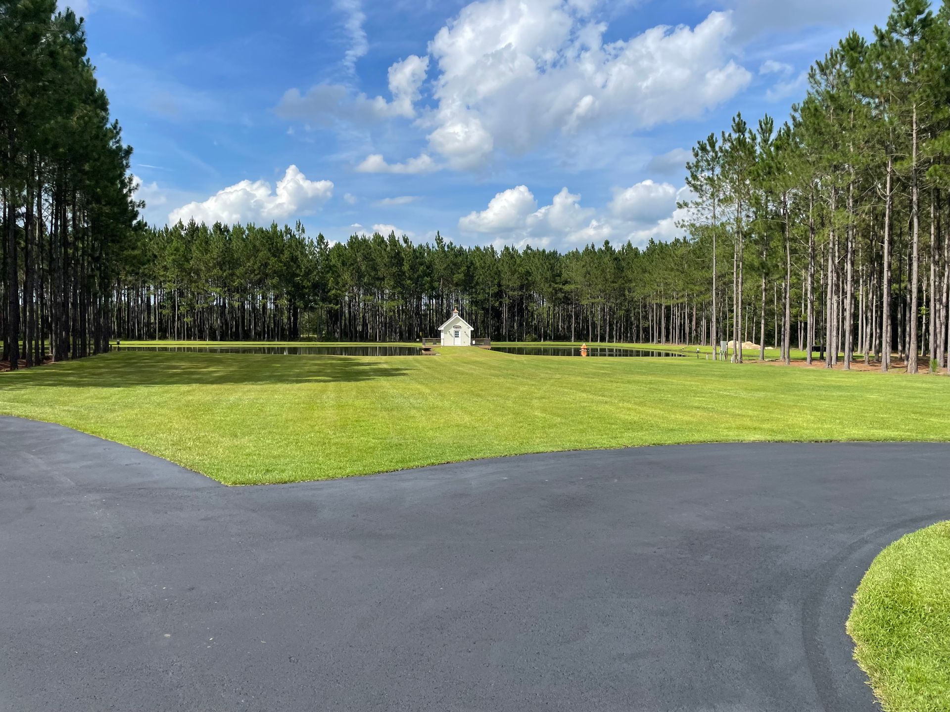 A driveway leading to a house in the middle of a field surrounded by trees.
