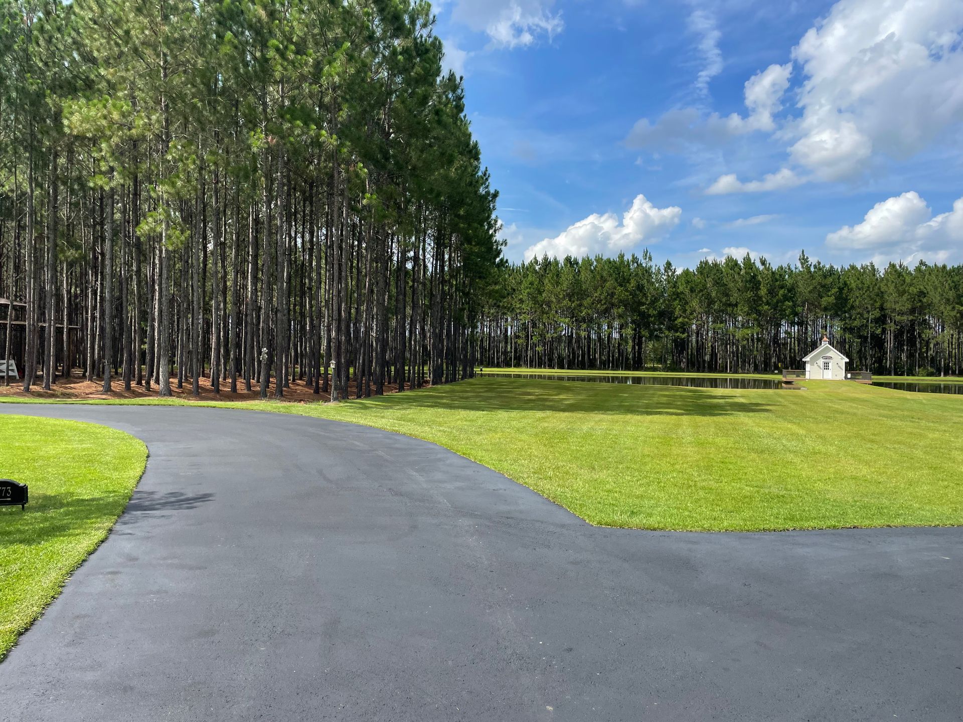 A driveway going through a lush green field surrounded by trees.