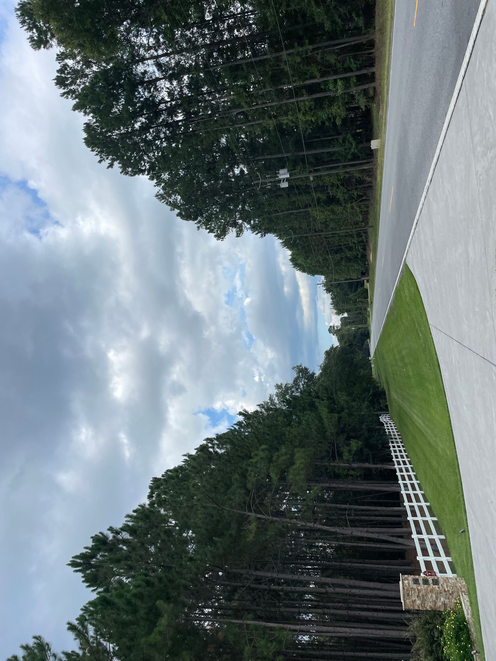 A road with trees on the side of it and a white fence