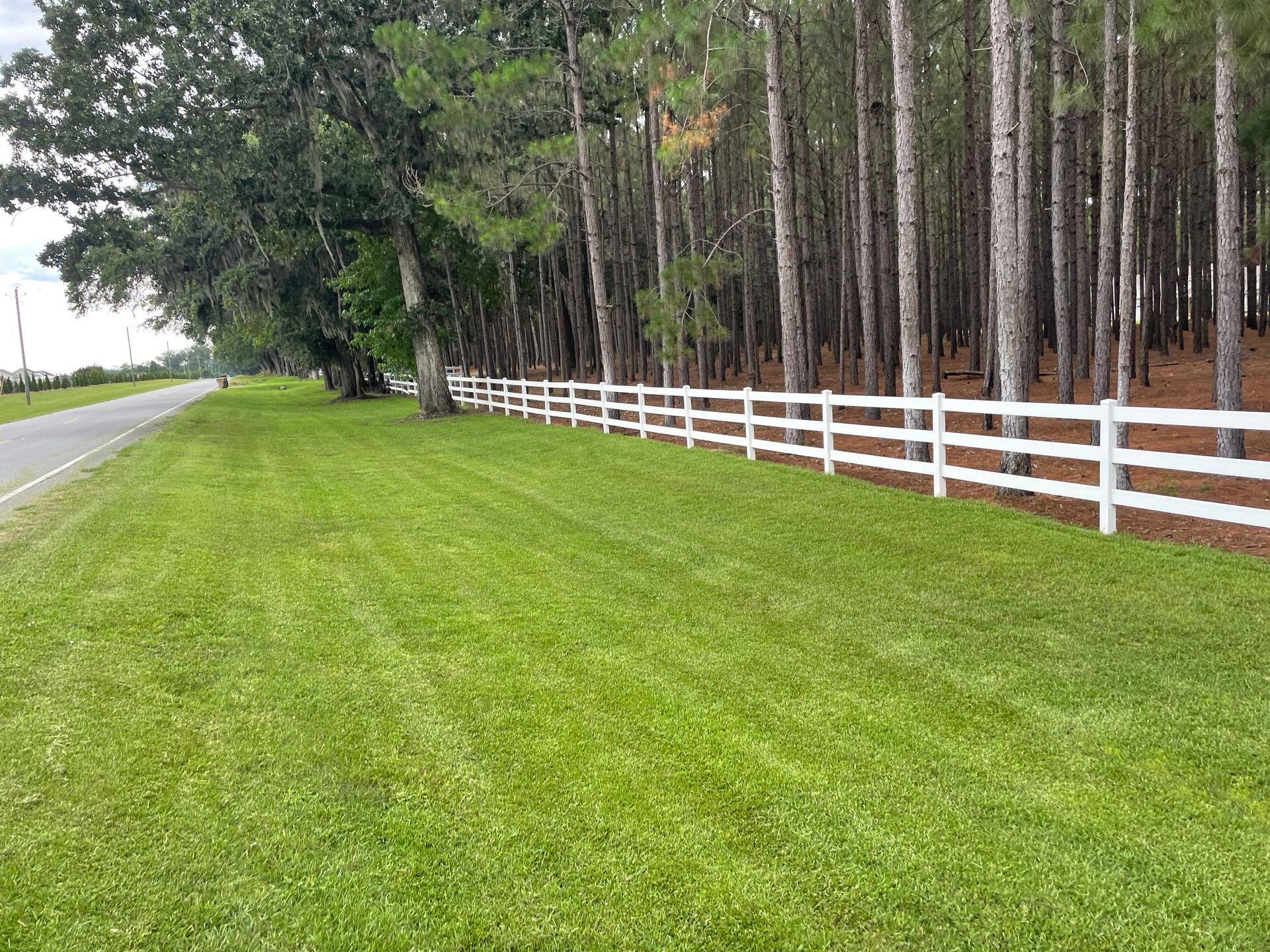 A white fence surrounds a lush green field next to a road.