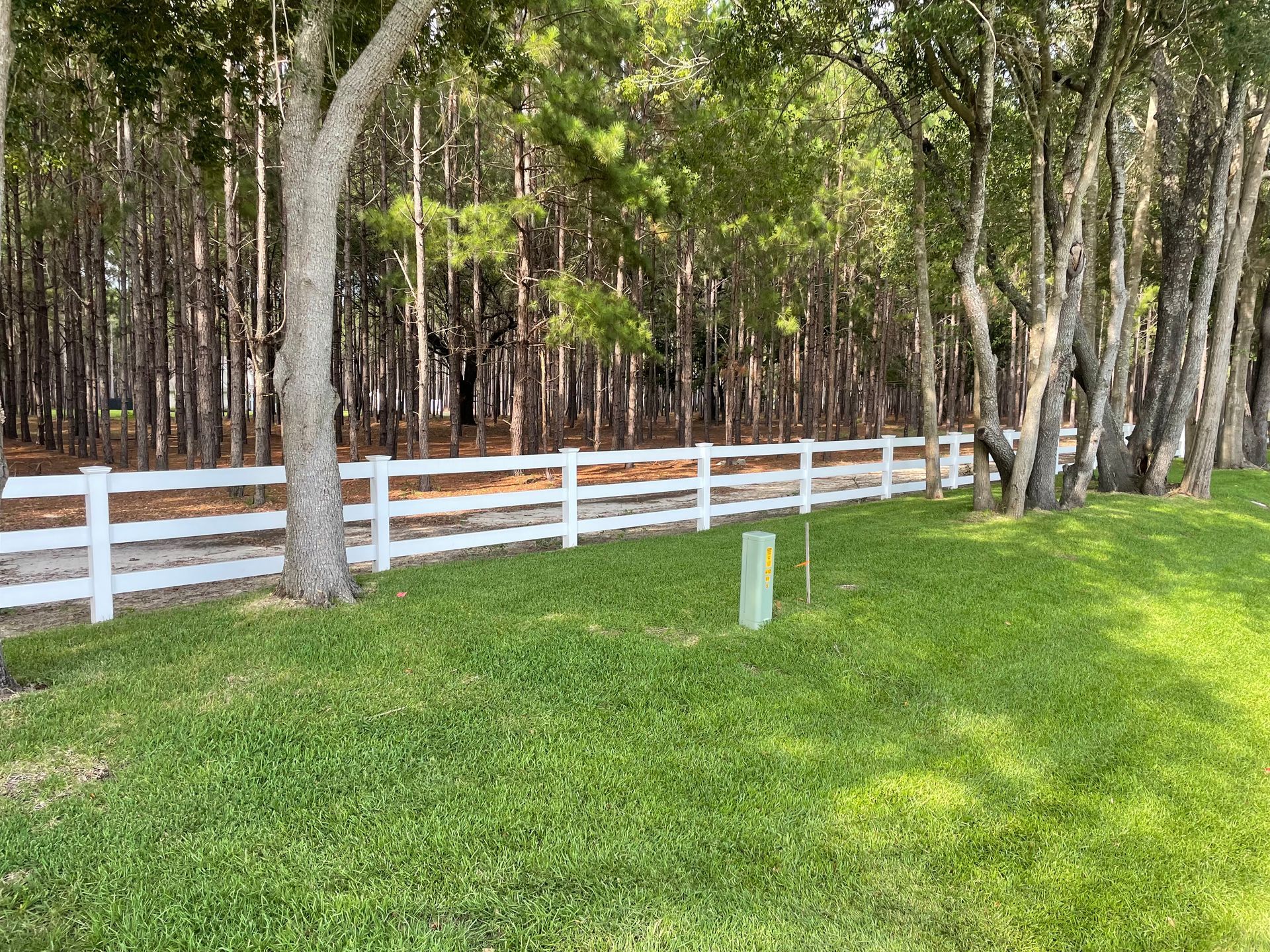 A white fence surrounds a lush green field with trees in the background.