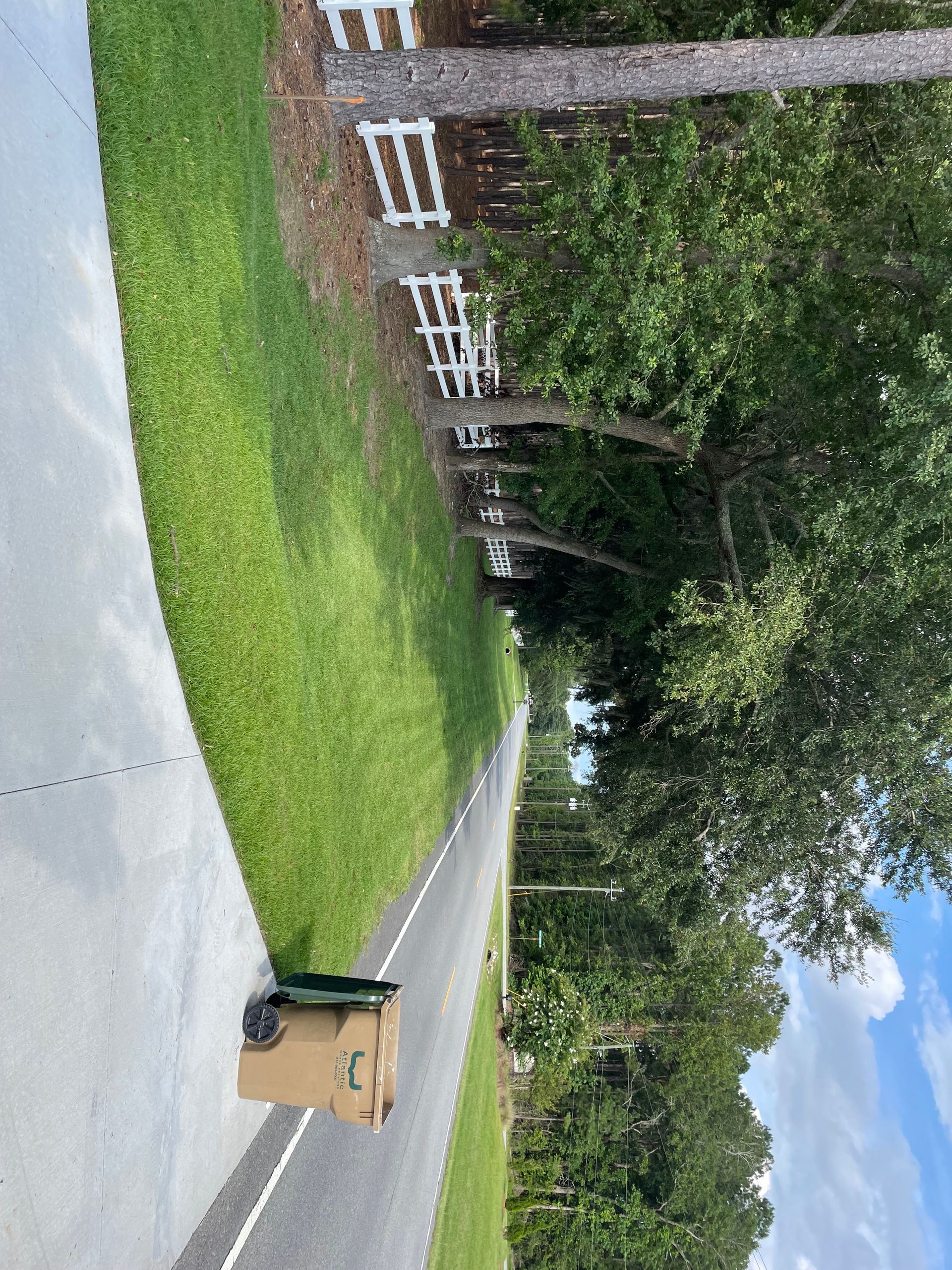 A cardboard box is sitting on the side of the road next to a sidewalk.