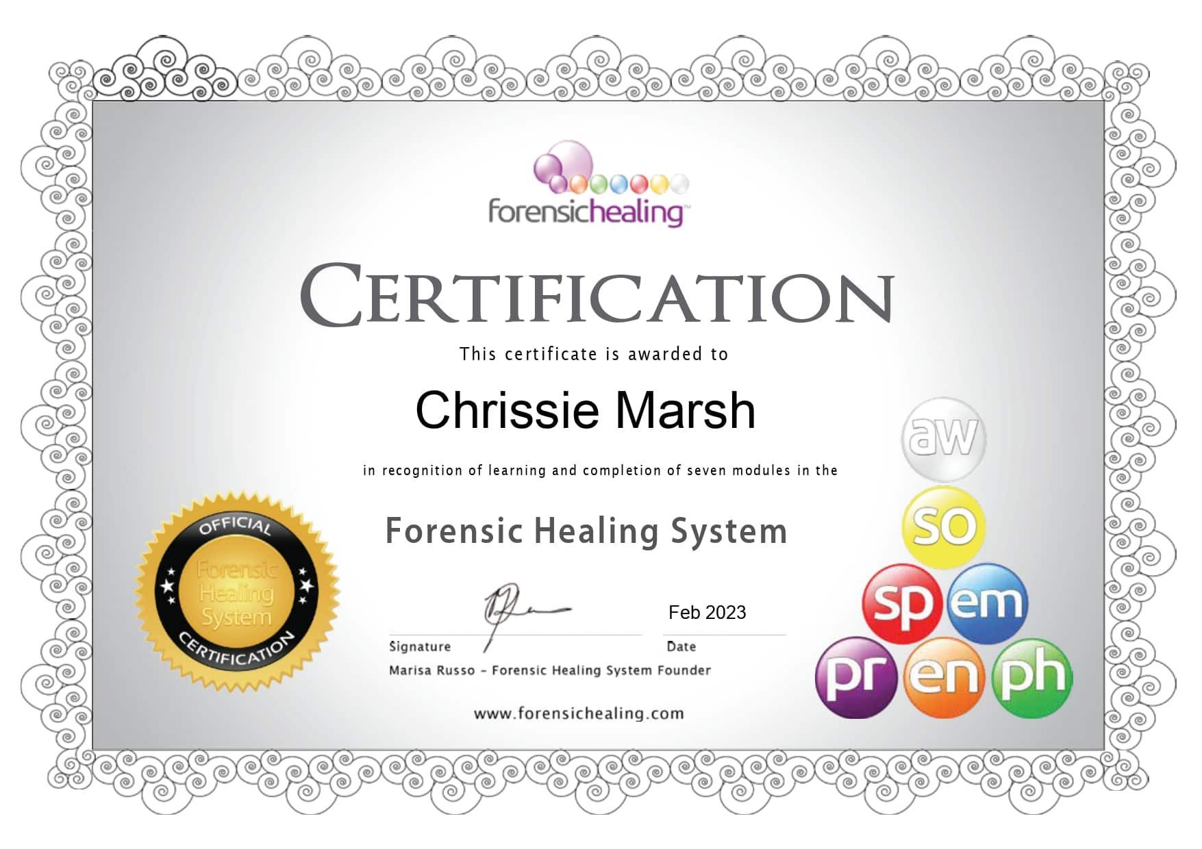 A Certificate That Says Certification Chrissie Marsh Forensic Healing System — My Energetic Craft In Morisset, NSW