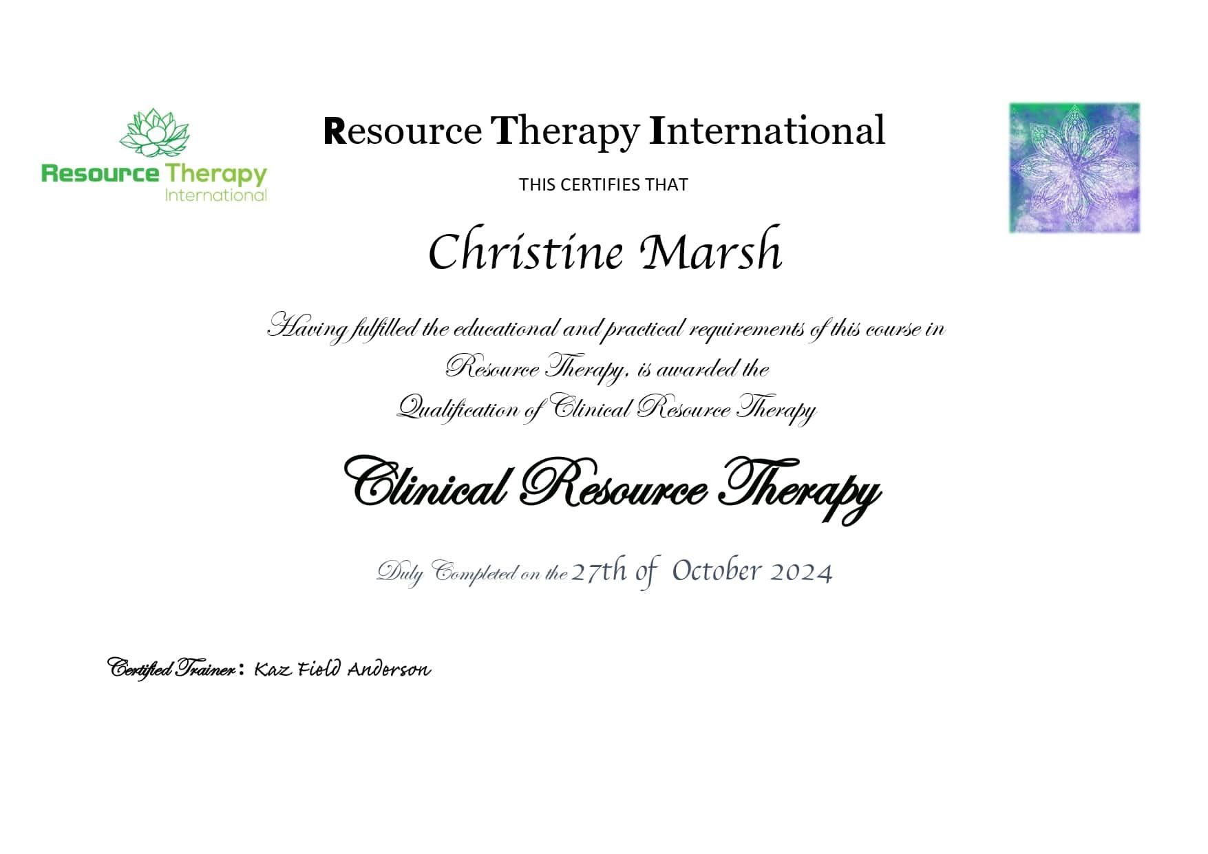 A Certificate For A Person Who Has Completed A Course In Clinical Resource Therapy — My Energetic Craft In Morisset, NSW
