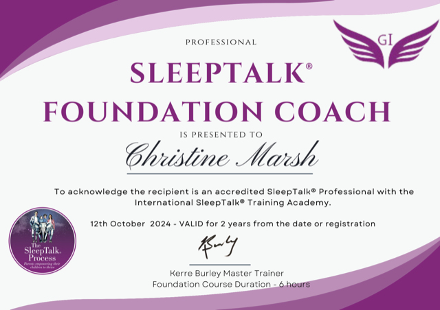 A sleeptalk foundation coach certificate is presented to christine marsh.