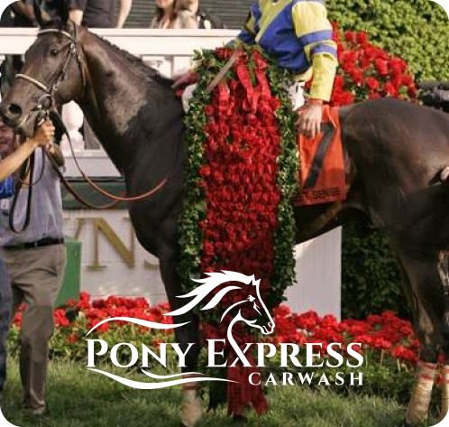 A pony express carwash logo with a horse and jockey