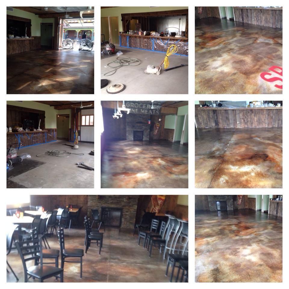 Collage of photos showing the process of applying a marbled floor coating in a restaurant.