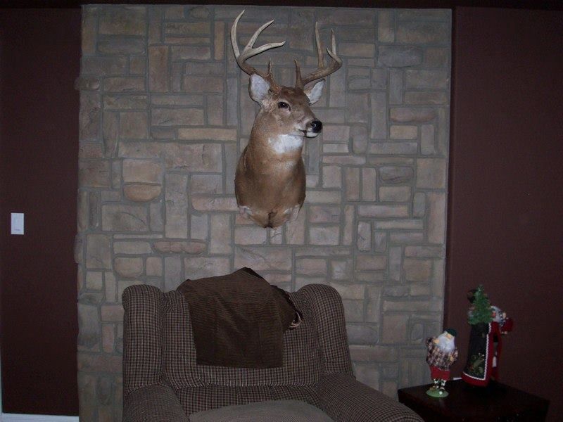 Deer head mount above an armchair in a room with a stone fireplace.