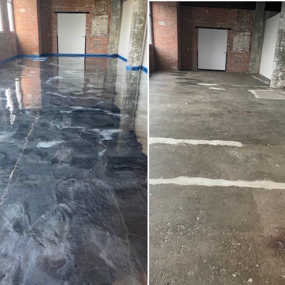 Left: Shiny, metallic epoxy floor in an industrial space. Right: Unfinished concrete floor in the same space.