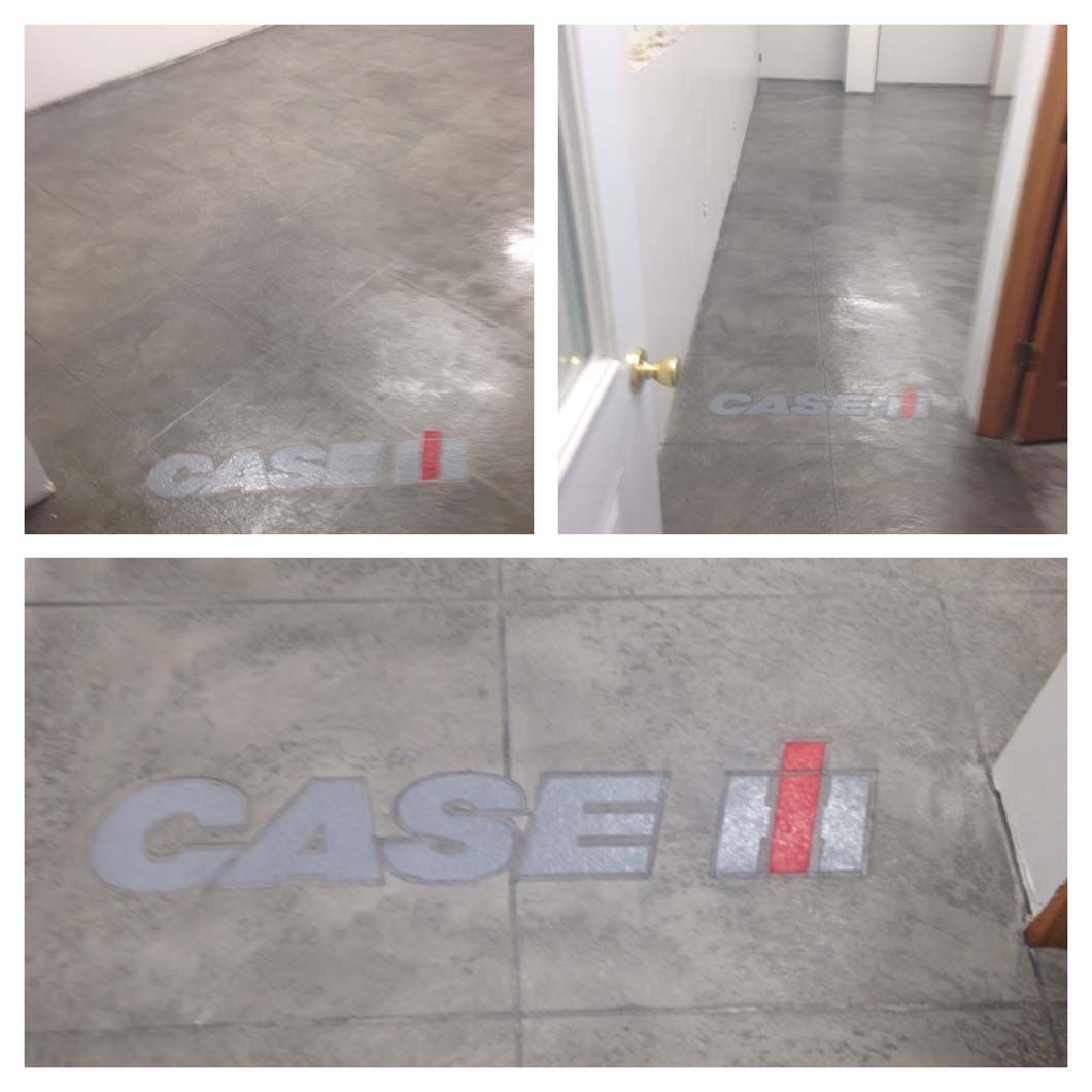 Three photos of a concrete floor with the Case IH logo painted on it; gray floor, white and red logo.