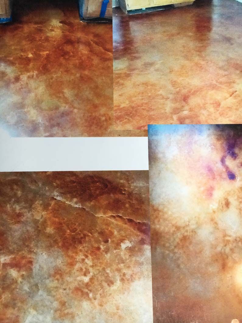 Copper and rust-colored mottled floor with swirling patterns, possibly epoxy or stained concrete.