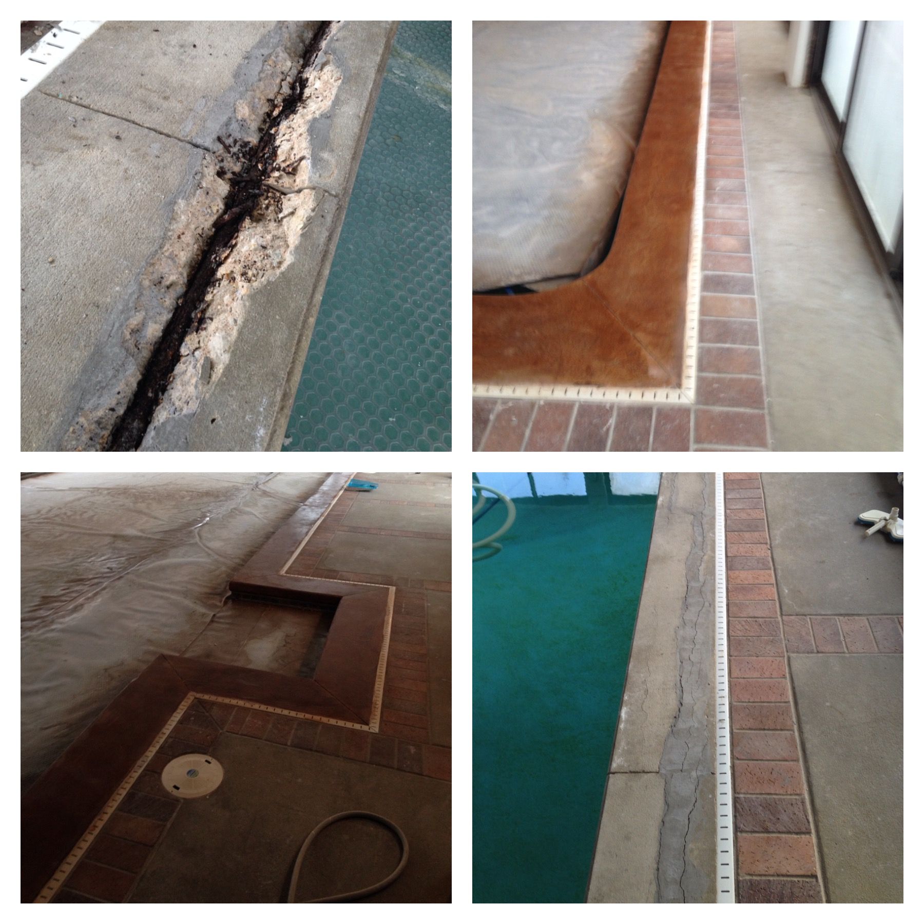 Concrete cracks near green and brown flooring. Brick border edges the floor.