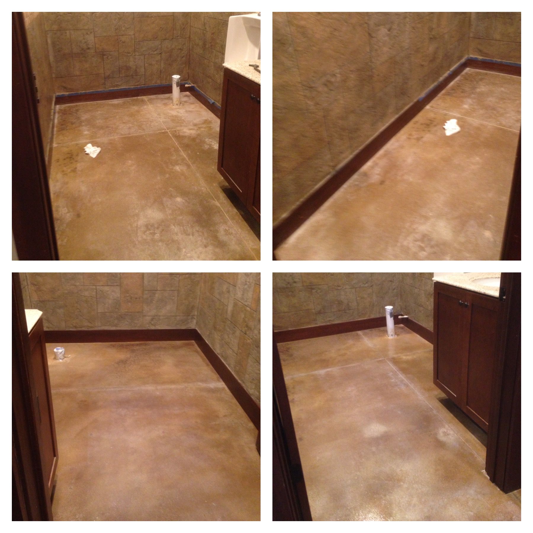 Four interior views of a bathroom with stained concrete floor, dark wood trim, and cabinetry, and a light-colored wall.