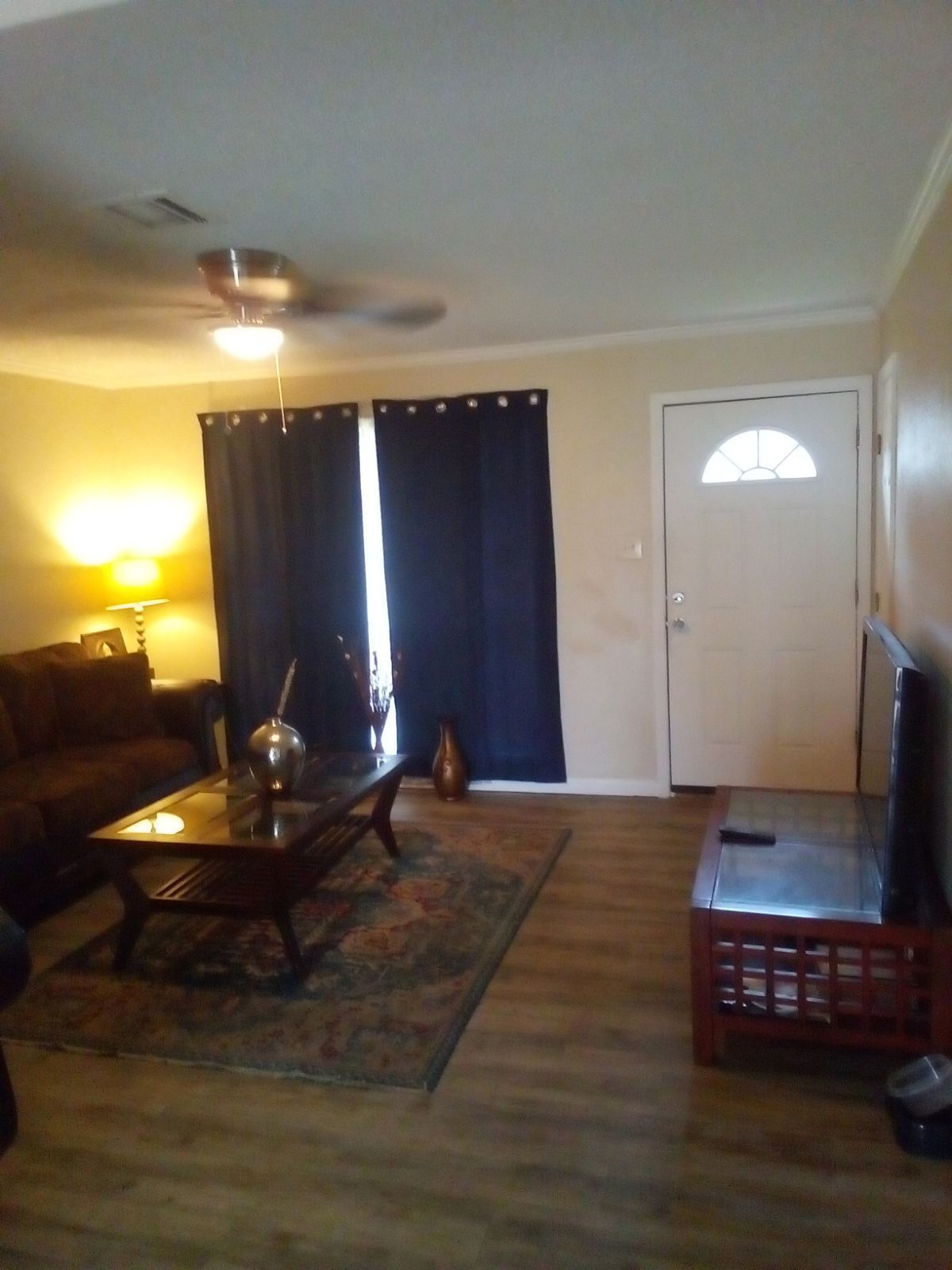 A living room with a couch a coffee table and a television