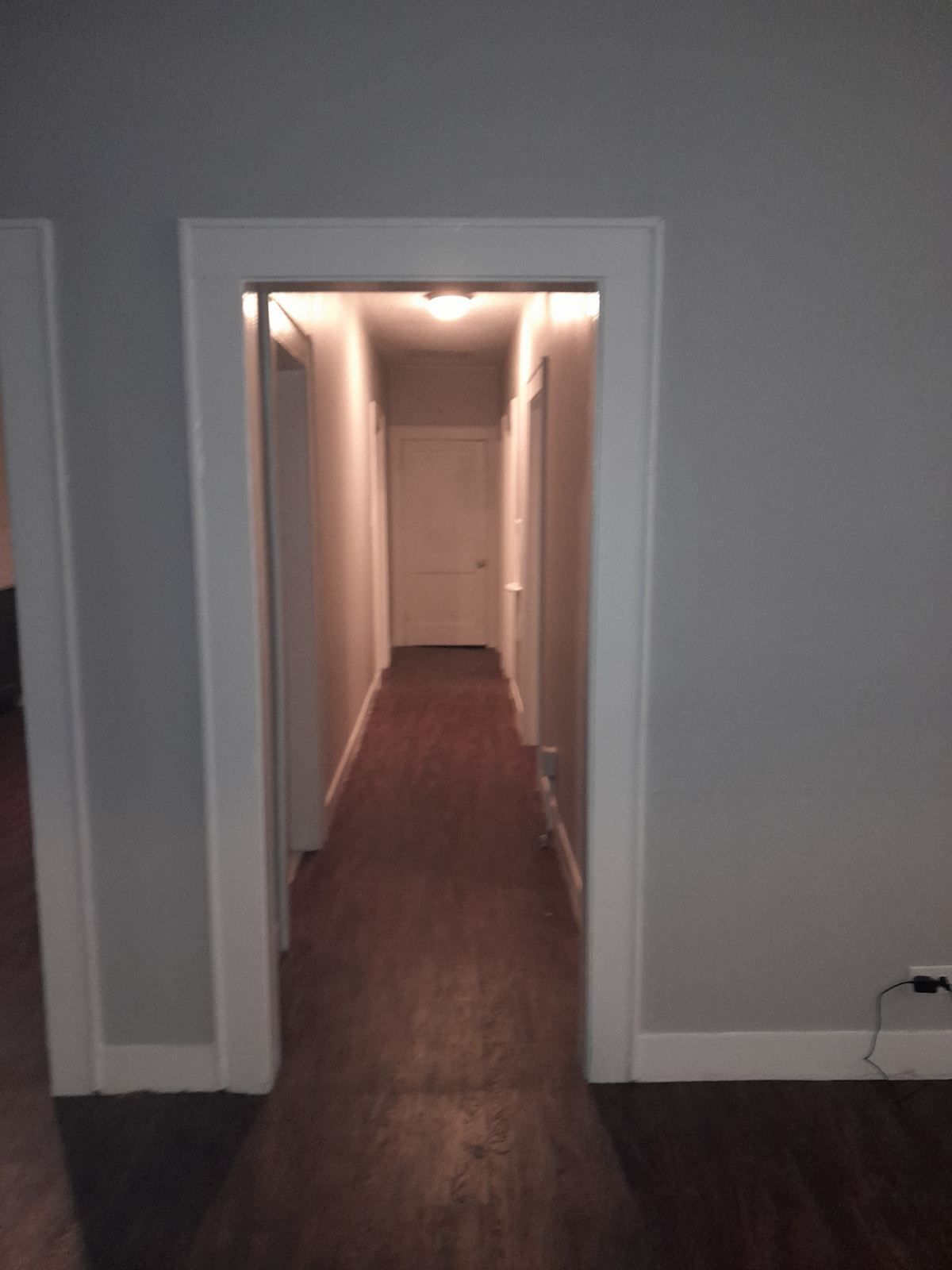 A long hallway with hardwood floors and a door in the middle of it.