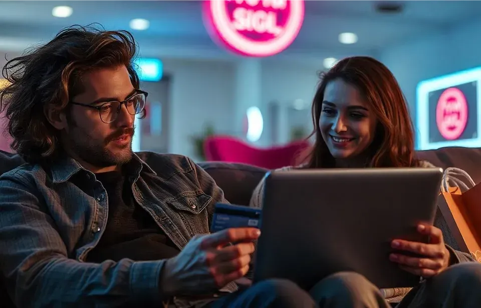 A man and a woman are laying on a bed looking at a laptop . the woman is holding a credit card.