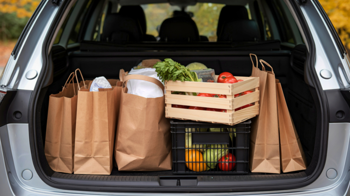 Trunk of a silver car filled with groceries in brown paper bags and a wooden crate of produce.