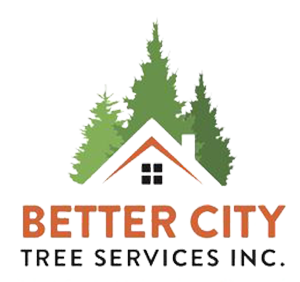 Logo: house roof over green trees, with