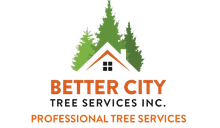 Logo: house roof over green trees, with 