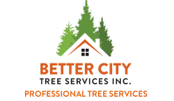 Logo: house roof over green trees, with