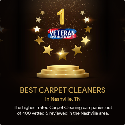 Advertisement for Veteran Carpet Cleaning: gold podium with a star-shaped wreath, #1 ranking, claims as best carpet cleaners in Nashville.