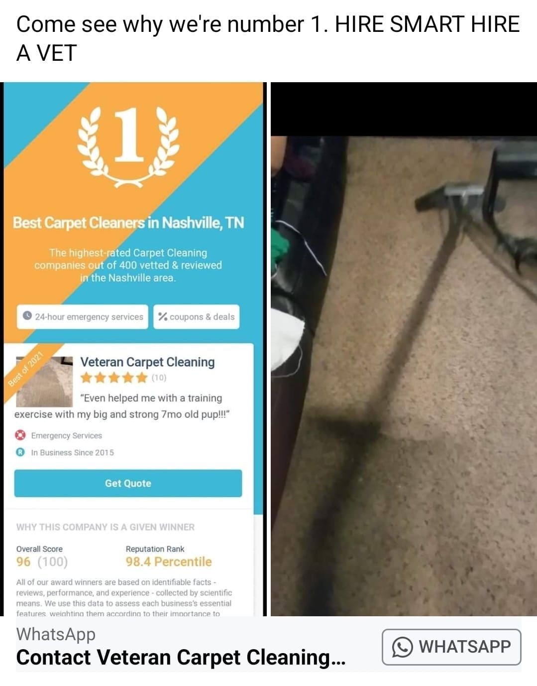 Advertisement for Veteran Carpet Cleaning, Nashville, TN. Includes their number one ranking badge and a carpet cleaning in progress.