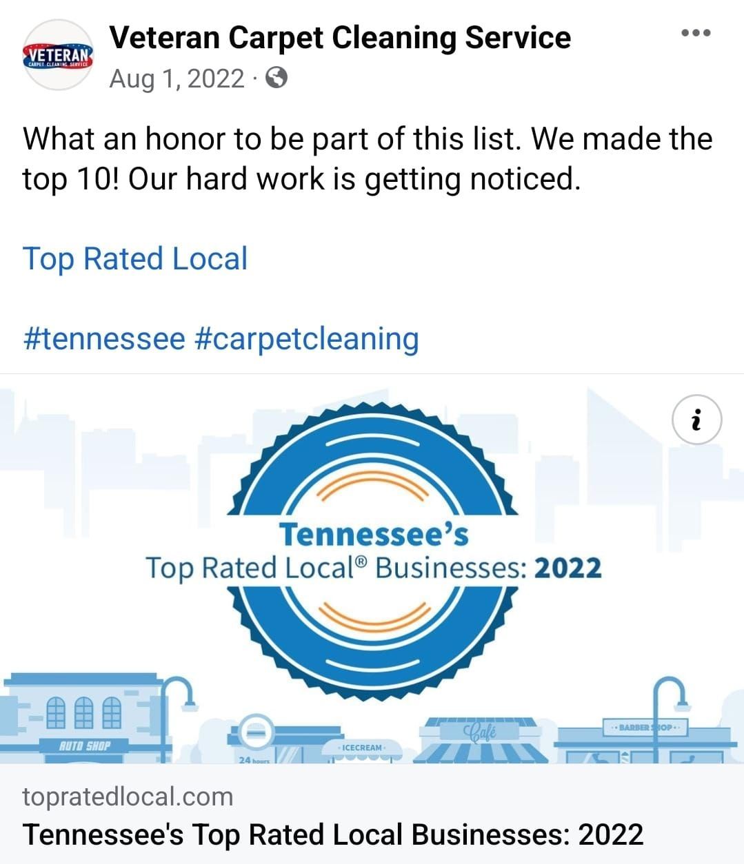 Veteran Carpet Cleaning Service post. They made top 10 on Tennessee's Top Rated Local Businesses 2022 list.