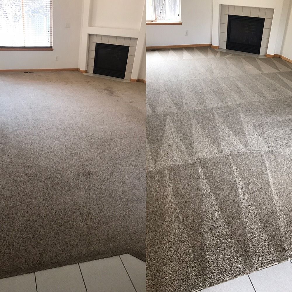Before and after carpet cleaning comparison, showing dirty to clean beige carpet.
