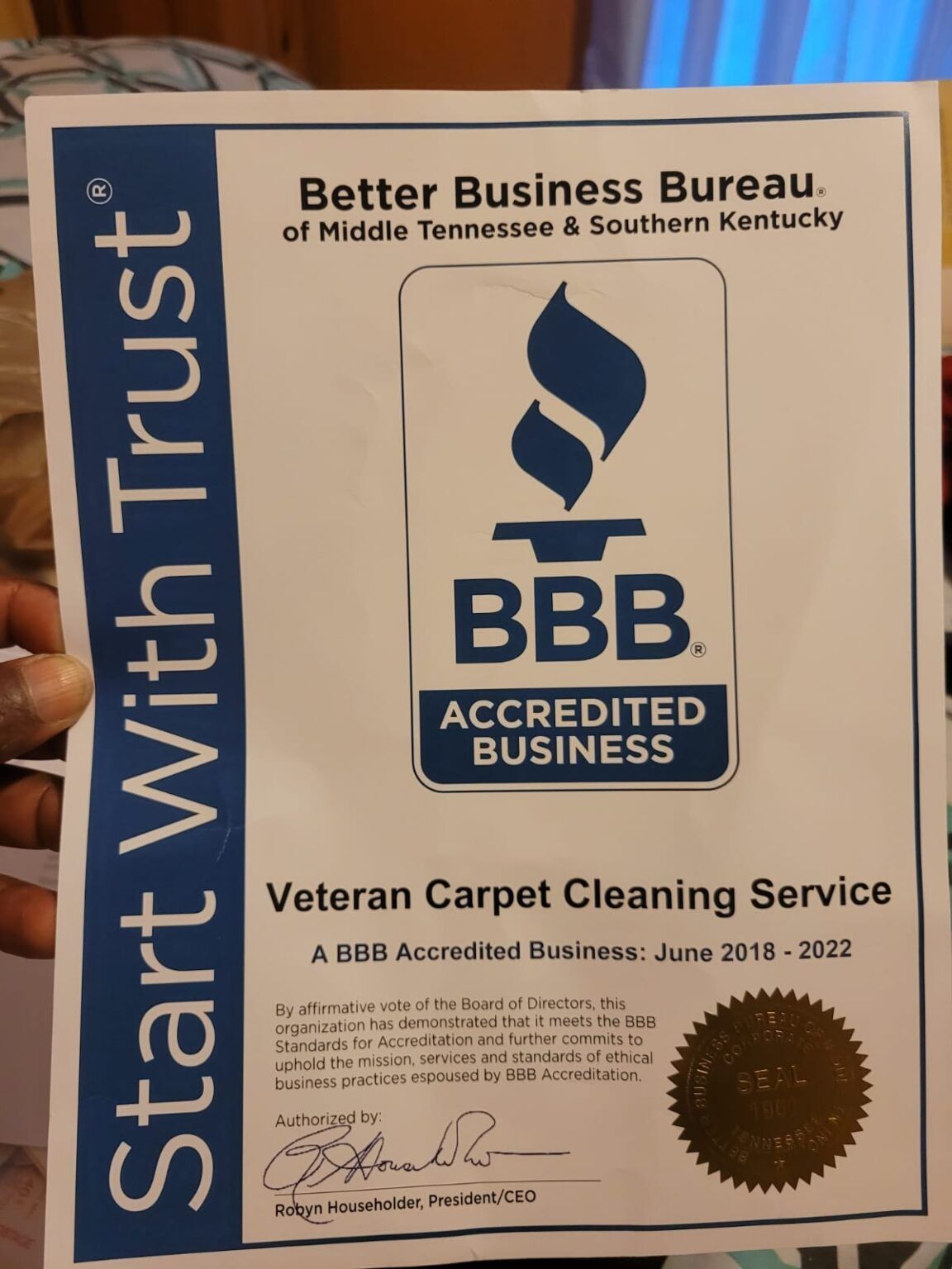 A Better Business Bureau accreditation certificate for Veteran Carpet Cleaning Service.