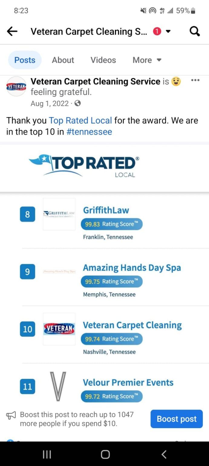 Facebook post by Veteran Carpet Cleaning Service showing it is in the top 10 for Top Rated Local.