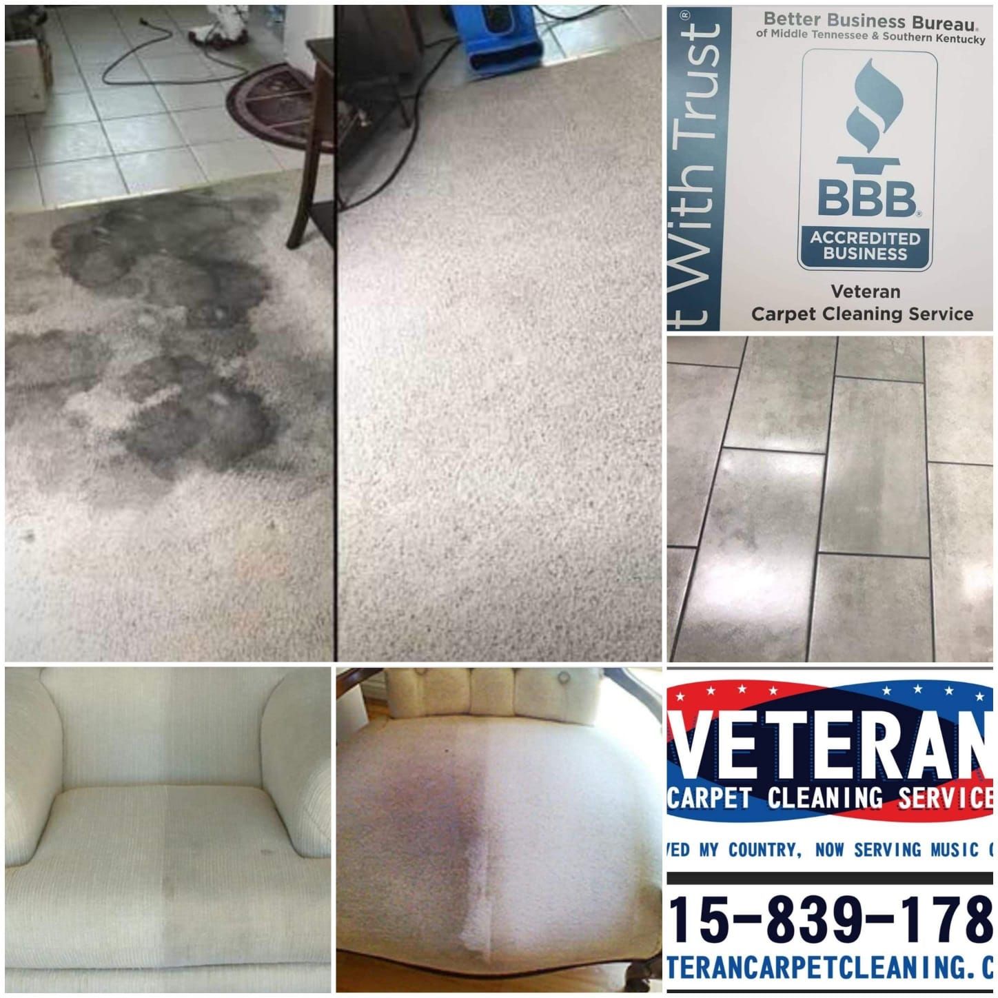 Before and after carpet and upholstery cleaning by Veteran Carpet Cleaning Service.