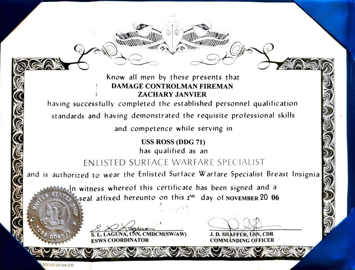 Certificate of qualification for Damage Controlman Fireman Zachary Janvier, November 9, 2016.