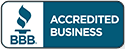 BBB Accredited Business badge with a flame icon in white and blue on a white and blue background.
