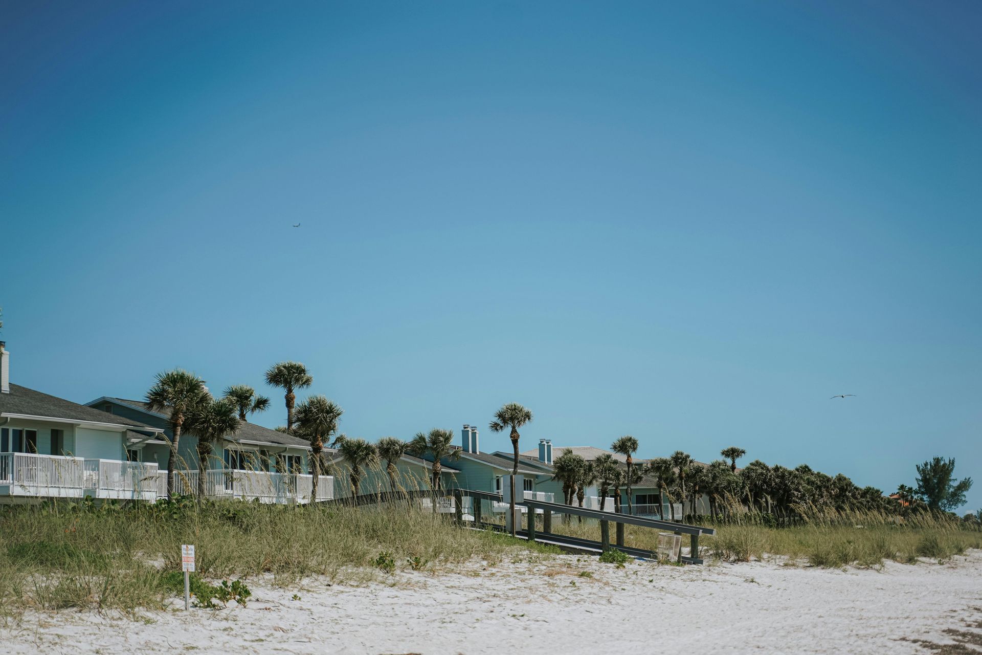 Beachfront houses and palm trees under a clear blue sky.