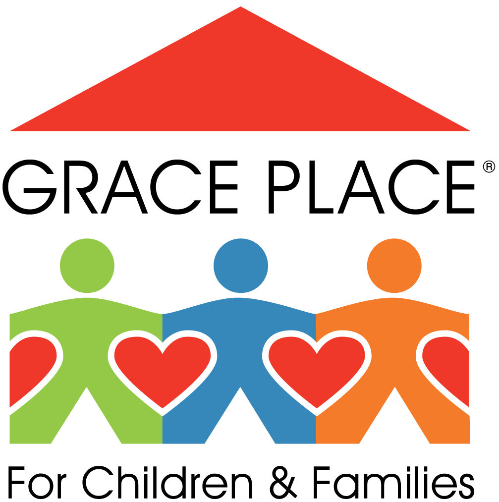 Grace Place logo: Red house above text. Three colorful figures holding hands with hearts, tagline: For Children & Families.