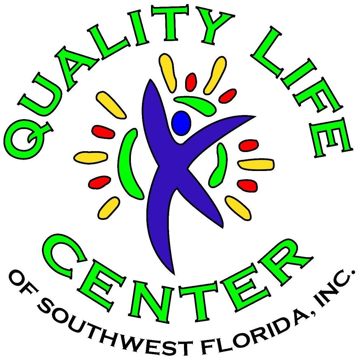 Quality Life Center of Southwest Florida logo: Blue figure with arms raised, surrounded by colorful bursts, green text.