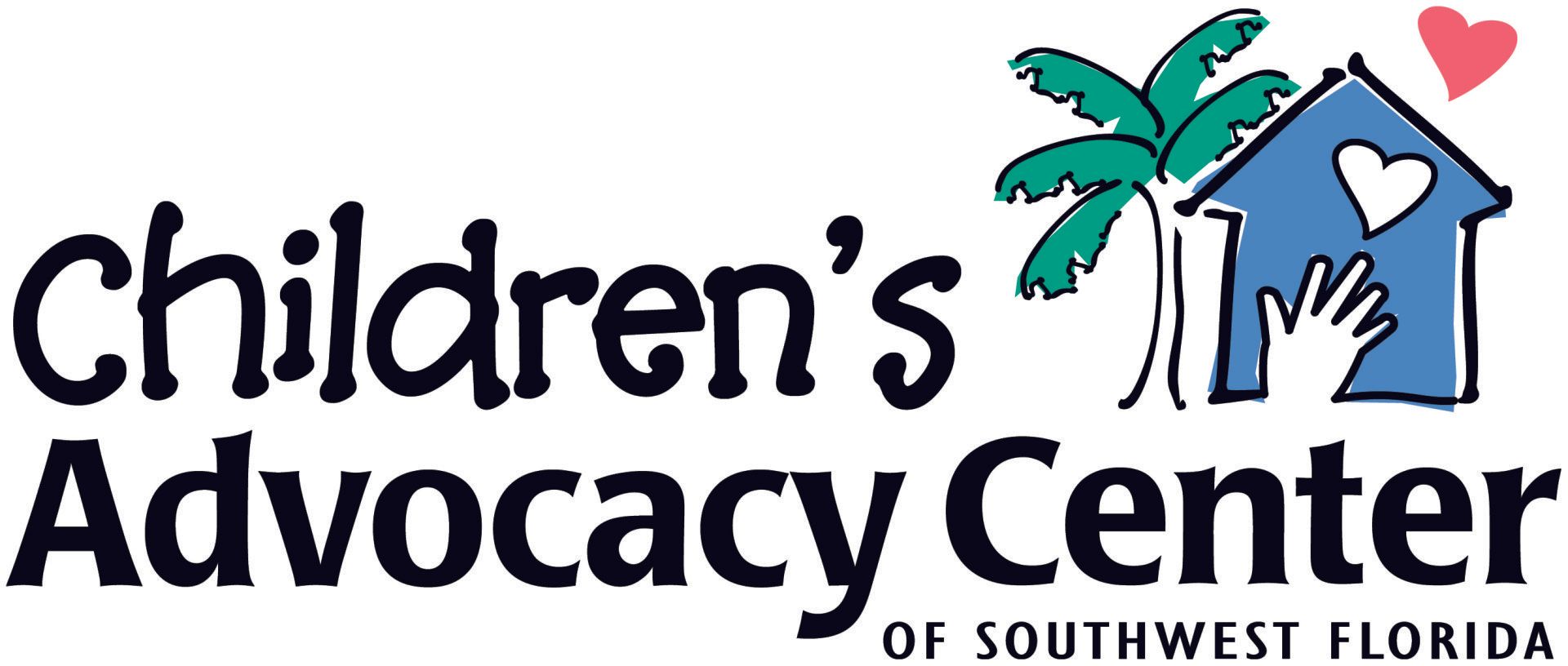 Logo for Children's Advocacy Center of Southwest Florida: Text with a palm tree, blue house, hand, and pink heart.