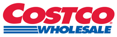 Costco Wholesale logo: Red "Costco" text over blue horizontal lines and "WHOLESALE" text.