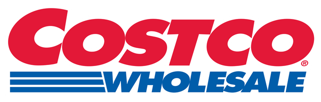 Costco Wholesale logo: Red "Costco" text over blue horizontal lines and "WHOLESALE" text.