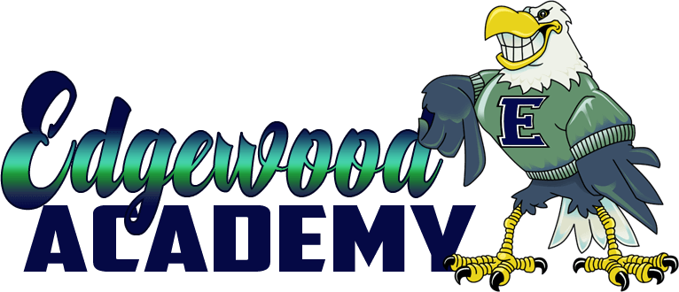 Logo for Edgewood Academy: An eagle mascot wearing a sweater, smiling, next to text.