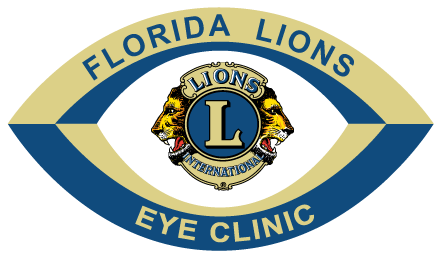 Florida Lions Eye Clinic logo with blue and yellow eye shape, lions, and text.